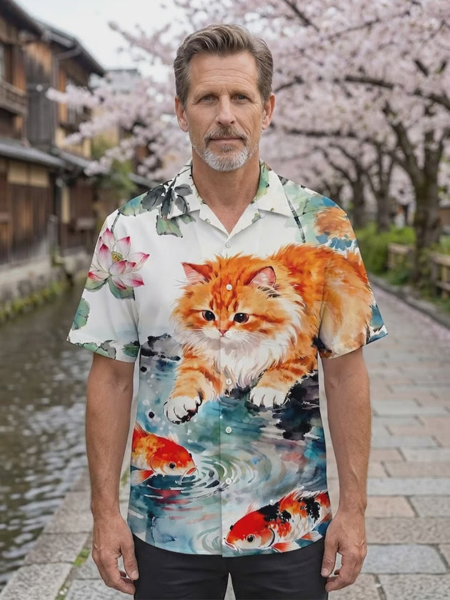 Art Ink Wash Orange Cat Koi Lotus Men's Pocket Short Sleeve Shirts