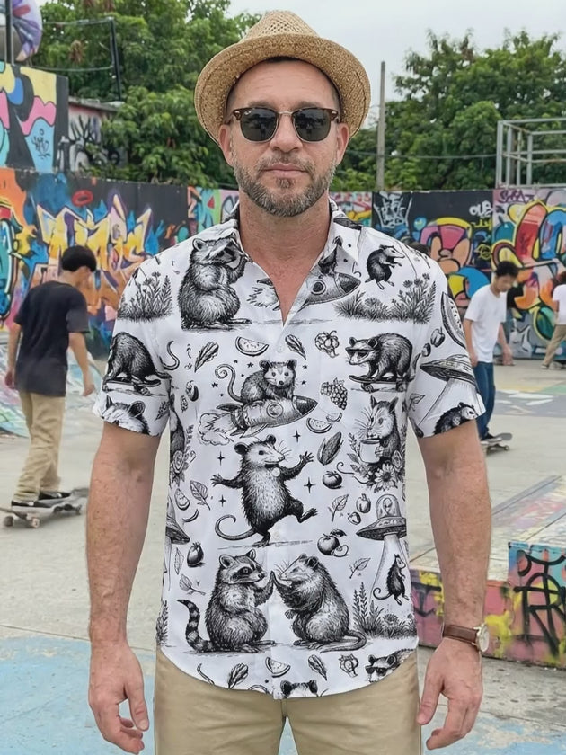 Vintage Raccoon Mouse Men's Pocket Short Sleeve Shirts