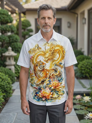 Art Golden Dragon Tiger Mountain Landscape Lotus Men's Pocket Short Sleeve Shirts