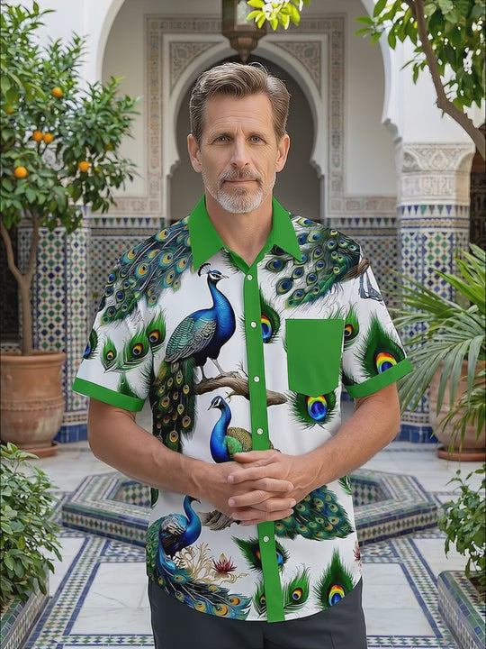 Peacock Print Men's Pocket Short Sleeve Shirts