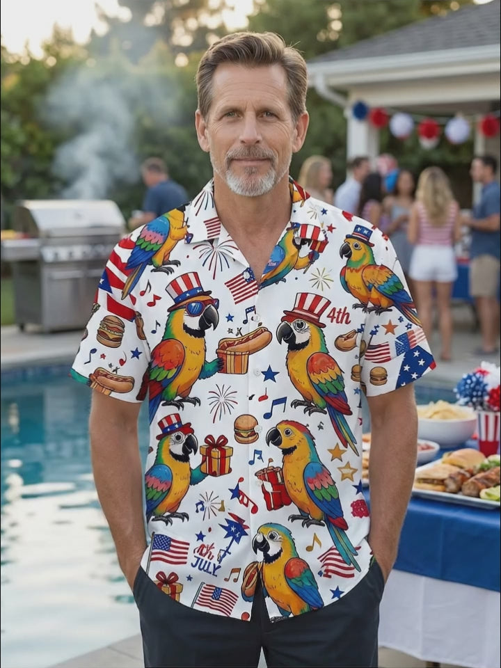 Fun Hawaii Independence Day Parrot Burger Hot Dog Music Note Men's Pocket Short Sleeve Shirts