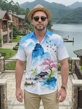 Art Landscape Ink Wash Mountains And Floral Men's Pocket Short Sleeve Shirts