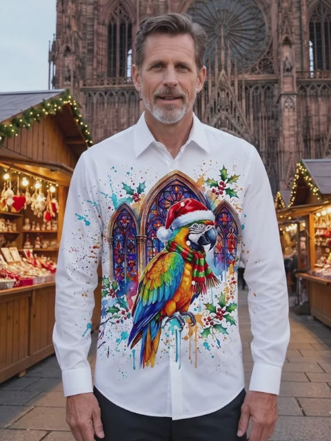 Adaychic Men's Long Sleeve Shirt - Christmas Parrot With Santa Hat And Scarf Print with Chest Pocket