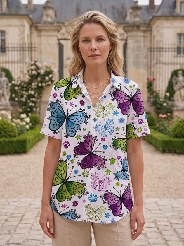 Vintage Colorful Butterfly Cat Paw Print Women's Short Sleeve Shirts