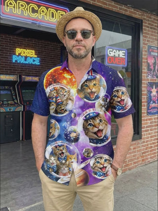 Astronaut Cat Men's Pocket Short Sleeve Shirts