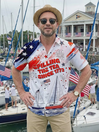 Independence Firework Boat Men's Pocket Short Sleeve Shirts
