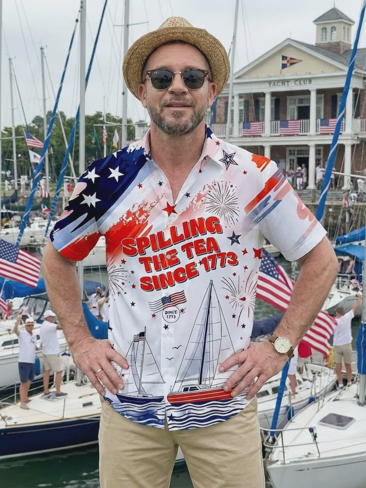 Independence Firework Boat Men's Pocket Short Sleeve Shirts