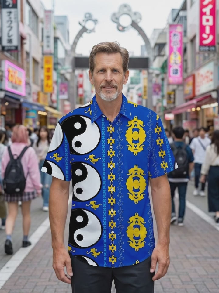 Geometric Yin Yang Bagua Auspicious Clouds Men's Pocket Short Sleeve Shirts