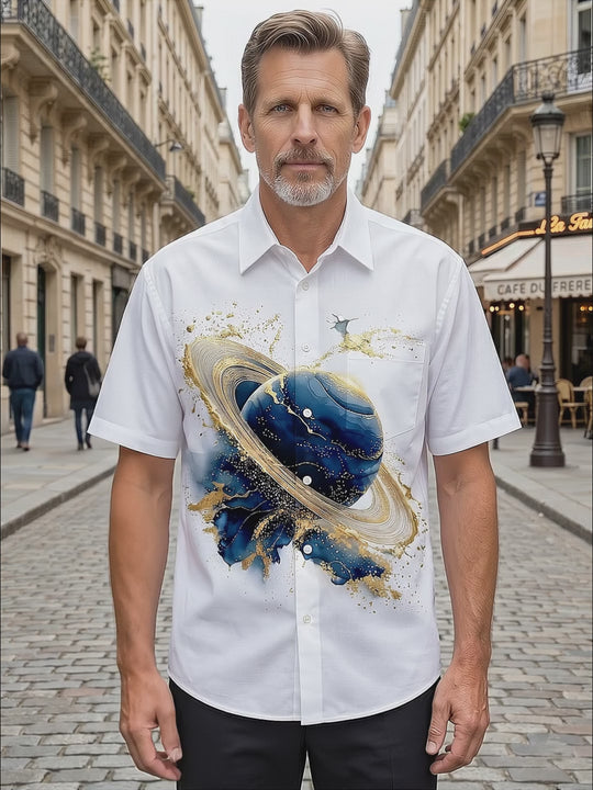 Blue Saturn Gold Foil Art Men's Pocket Short Sleeve Shirts
