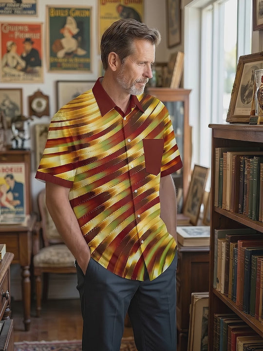 Gold And Red Metallic Swirl Men's Pocket Short Sleeve Shirts