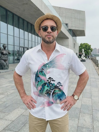 Koi Landscape Print Men's Pocket Short Sleeve Shirts
