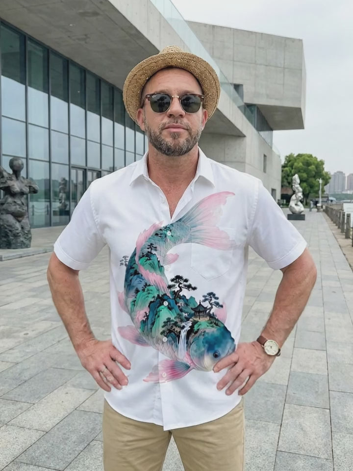 Koi Landscape Print Men's Pocket Short Sleeve Shirts