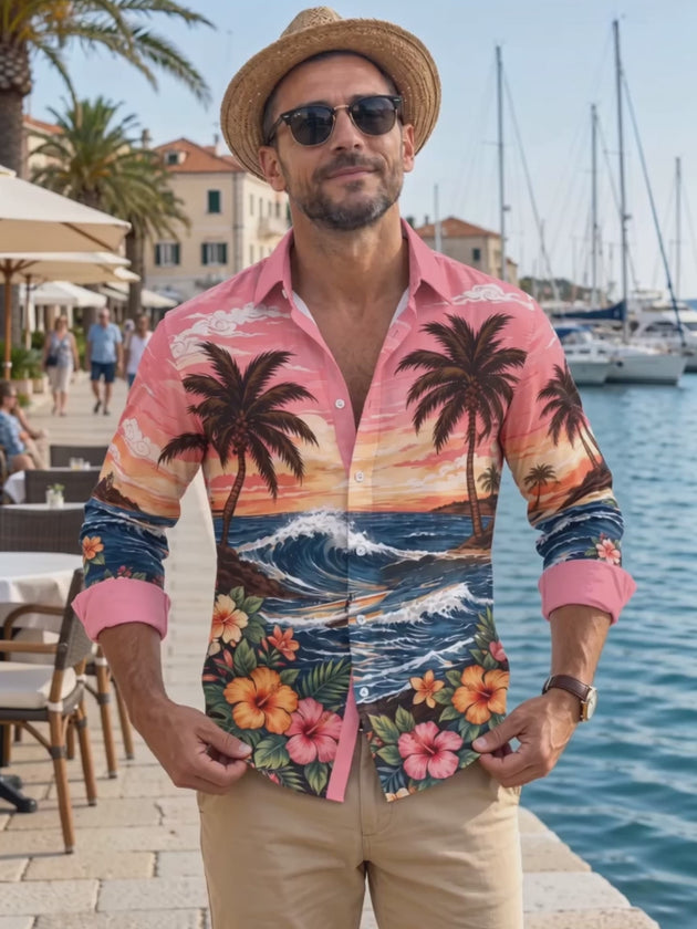 Adaychic Men's Palm Trees And Ocean Waves Print Long Sleeve Shirt with Chest Pocket