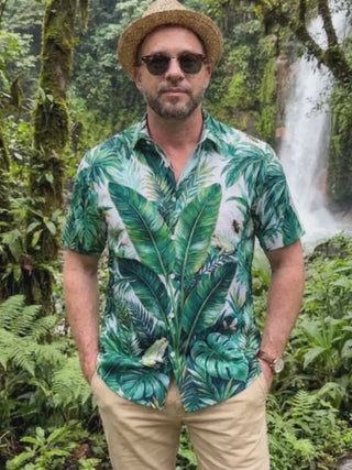Adaychic Men's Hawaiian Tropical Leaves And Frogs Print Short Sleeve Shirt with Chest Pocket