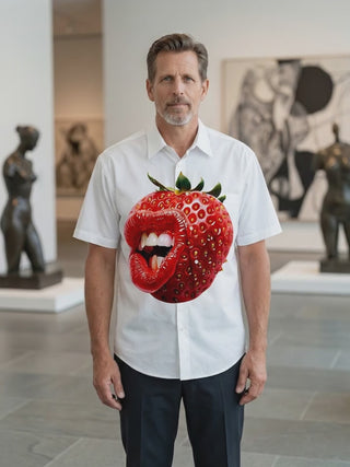 Fun Creative Strawberry Red Lips Personality Men's Pocket Short Sleeve Shirts