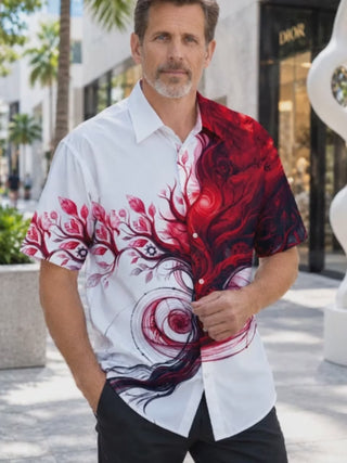 Adaychic Men's Short Sleeve Shirt - Abstract Fluid Tree Of Life With Gears And Swirls Print with Chest Pocket