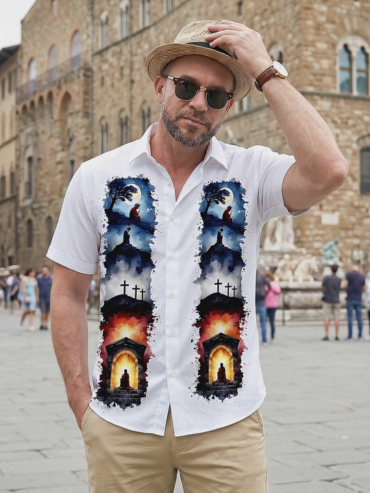 Christian Jesus Cross Print Men's Pocket Short Sleeve Shirts