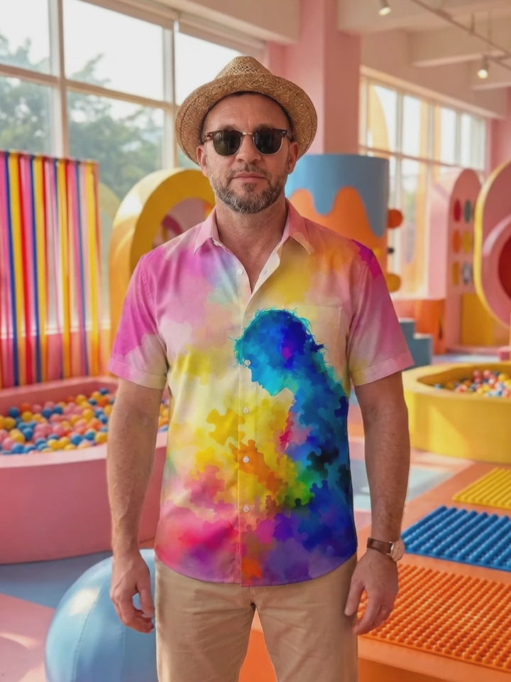 Colorful Tie-Dye Gradient Puzzle Character Silhouette Healing Men's Pocket Short Sleeve Shirts