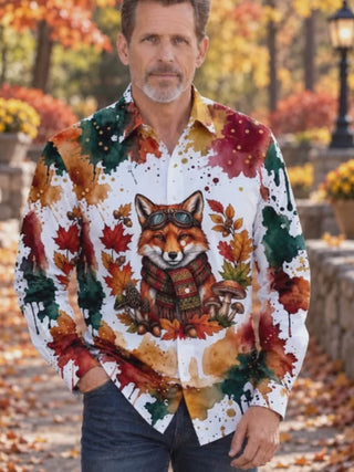 Adaychic Men's Graphic Fox With Goggles And Scarf Print Long Sleeve Shirt with Chest Pocket