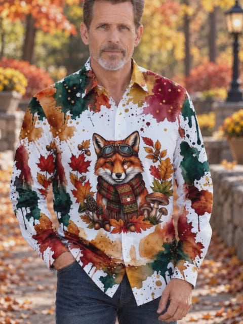 Adaychic Men's Graphic Fox With Goggles And Scarf Print Long Sleeve Shirt with Chest Pocket