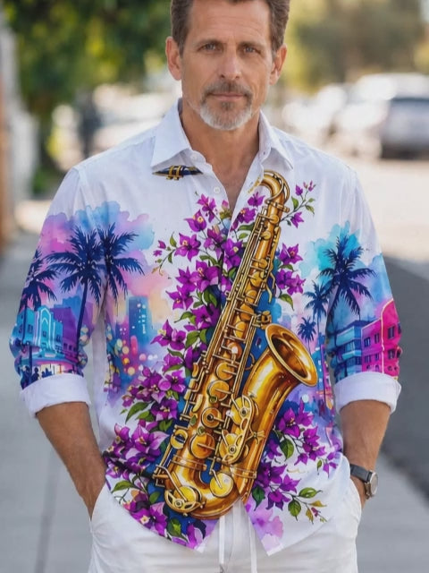 Adaychic Men's Hawaiian Saxophone And Purple Flowers Print Long Sleeve Shirt with Chest Pocket