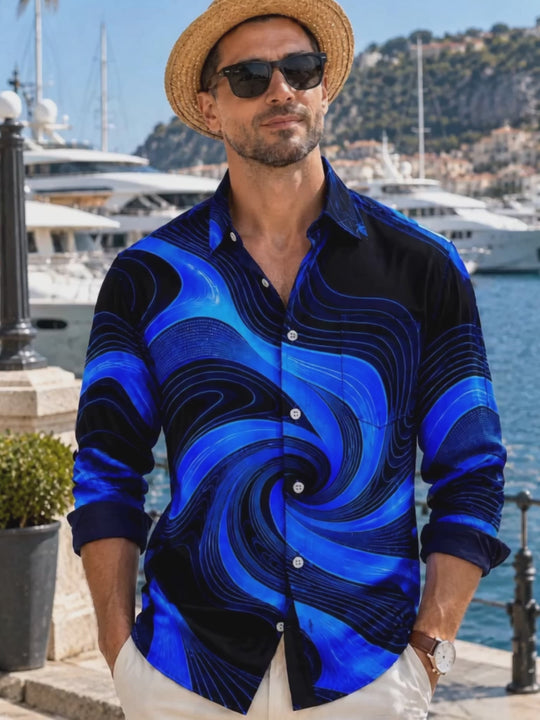 Adaychic Men's Abstract Abstract Blue And Black Swirl Pattern Long Sleeve Shirt with Chest Pocket