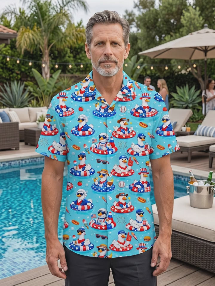 Independence Day American Flag Funny Duck Hot Dog Hamburger Baseball Print Men's Pocket Short Sleeve Shirts