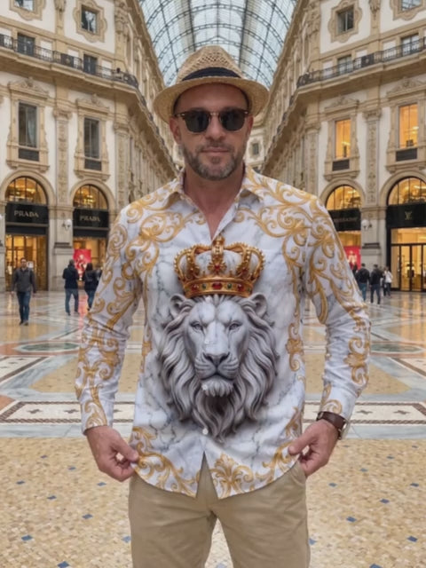 Adaychic Men's Printed Marble Lion With Golden Crown Print Long Sleeve Shirt with Chest Pocket