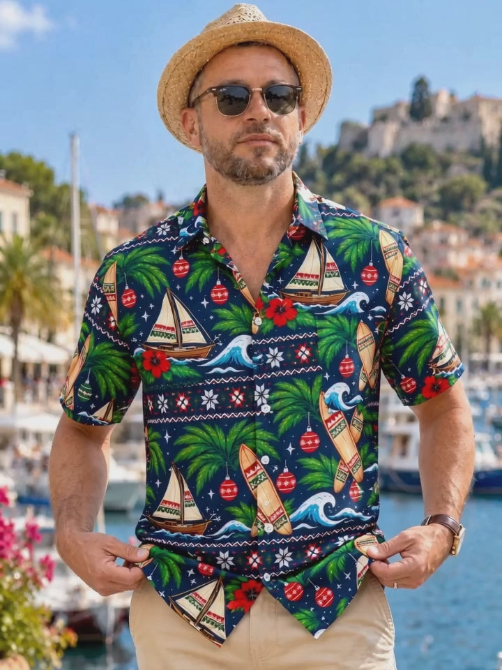 Adaychic Men's Christmas Ornaments And Sailboats Print Short Sleeve Shirt with Chest Pocket