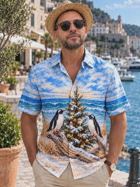 Adaychic Men's Hawaiian Penguins And Christmas Tree Print Short Sleeve Shirt with Chest Pocket