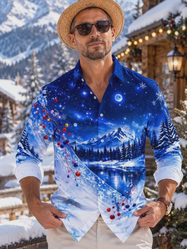 Adaychic Men's Winter Snow Mountain Forest Landscape Print Long Sleeve Shirt with Chest Pocket