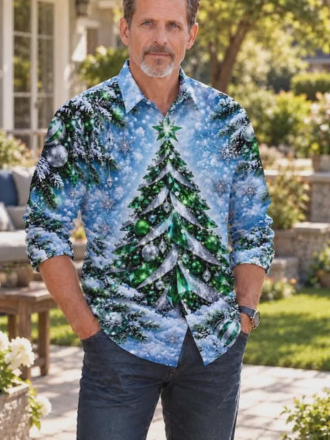 Adaychic Men's Long Sleeve Shirt - Christmas Tree With Ornaments And Snowflakes Print with Chest Pocket