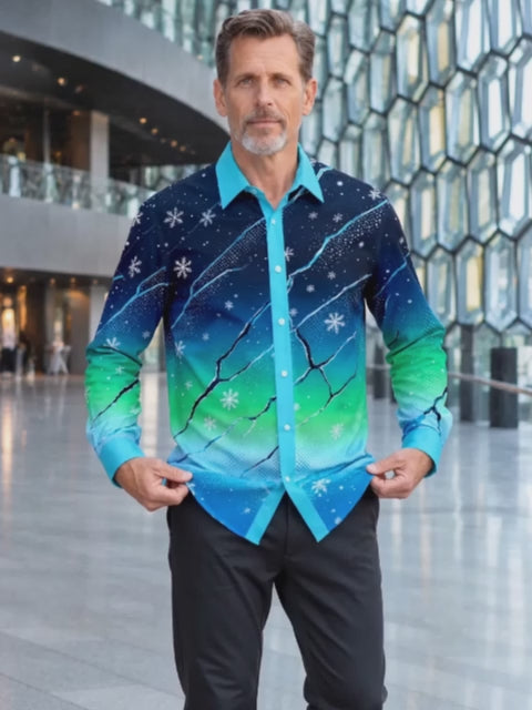 Adaychic Men's Snowflake Gradient With Geometric Cracks Print Long Sleeve Shirt with Chest Pocket