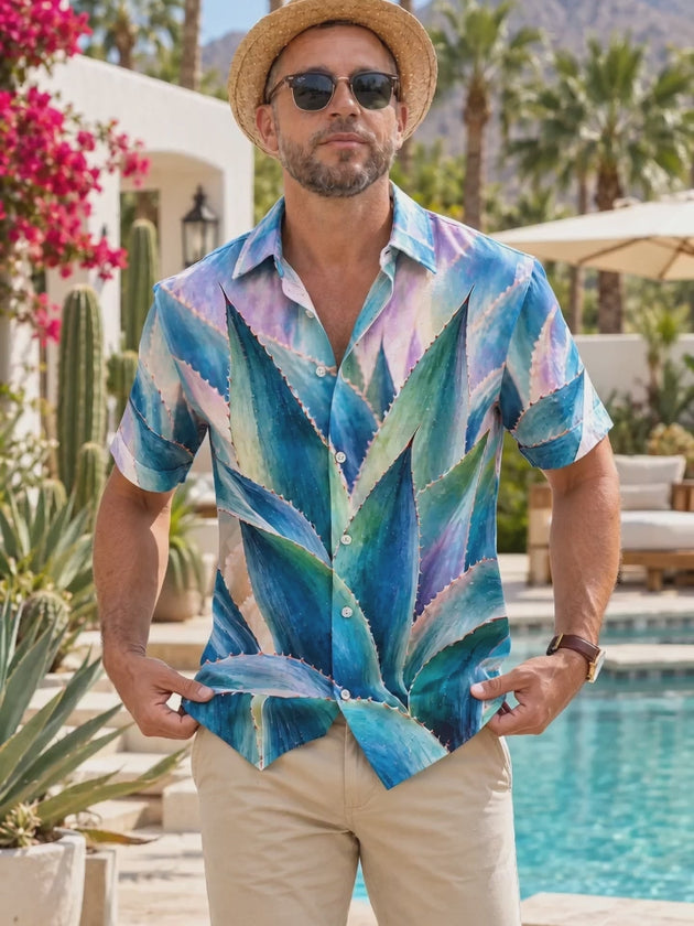 Adaychic Men's Hawaiian Agave Plant Leaves Print Short Sleeve Shirt with Chest Pocket