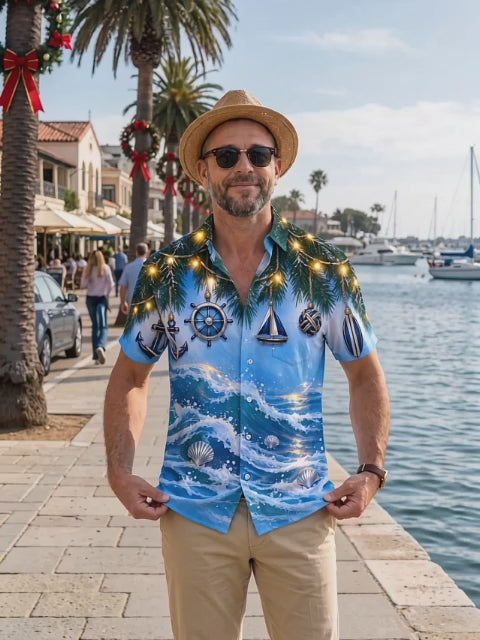 Adaychic Men's Short Sleeve Shirt - Christmas Pine Branches And Nautical Ornaments Print with Chest Pocket