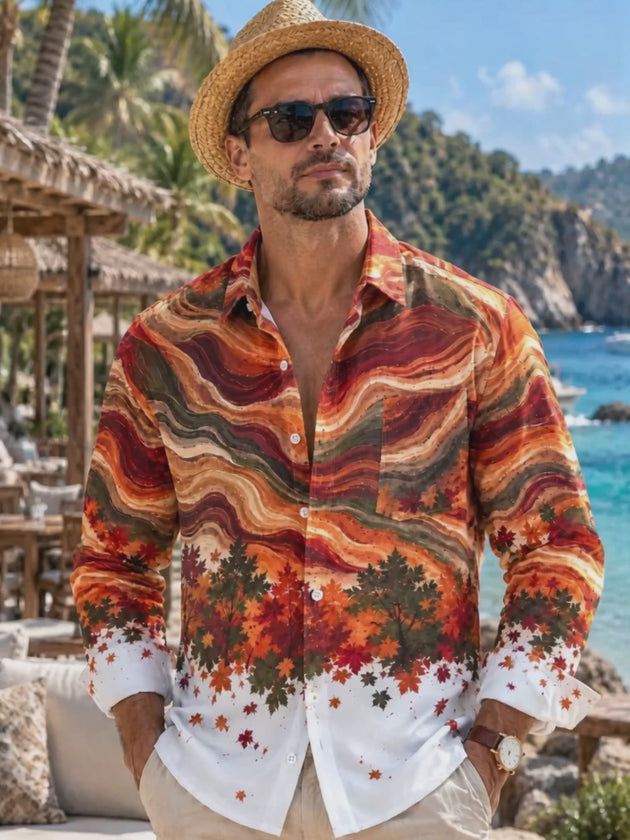 Adaychic Men's Autumn Maple Leaves And Wavy Lines Print Long Sleeve Shirt with Chest Pocket