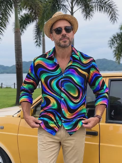 Adaychic Men's Printed Neon Abstract Wavy Lines Print Long Sleeve Shirt with Chest Pocket
