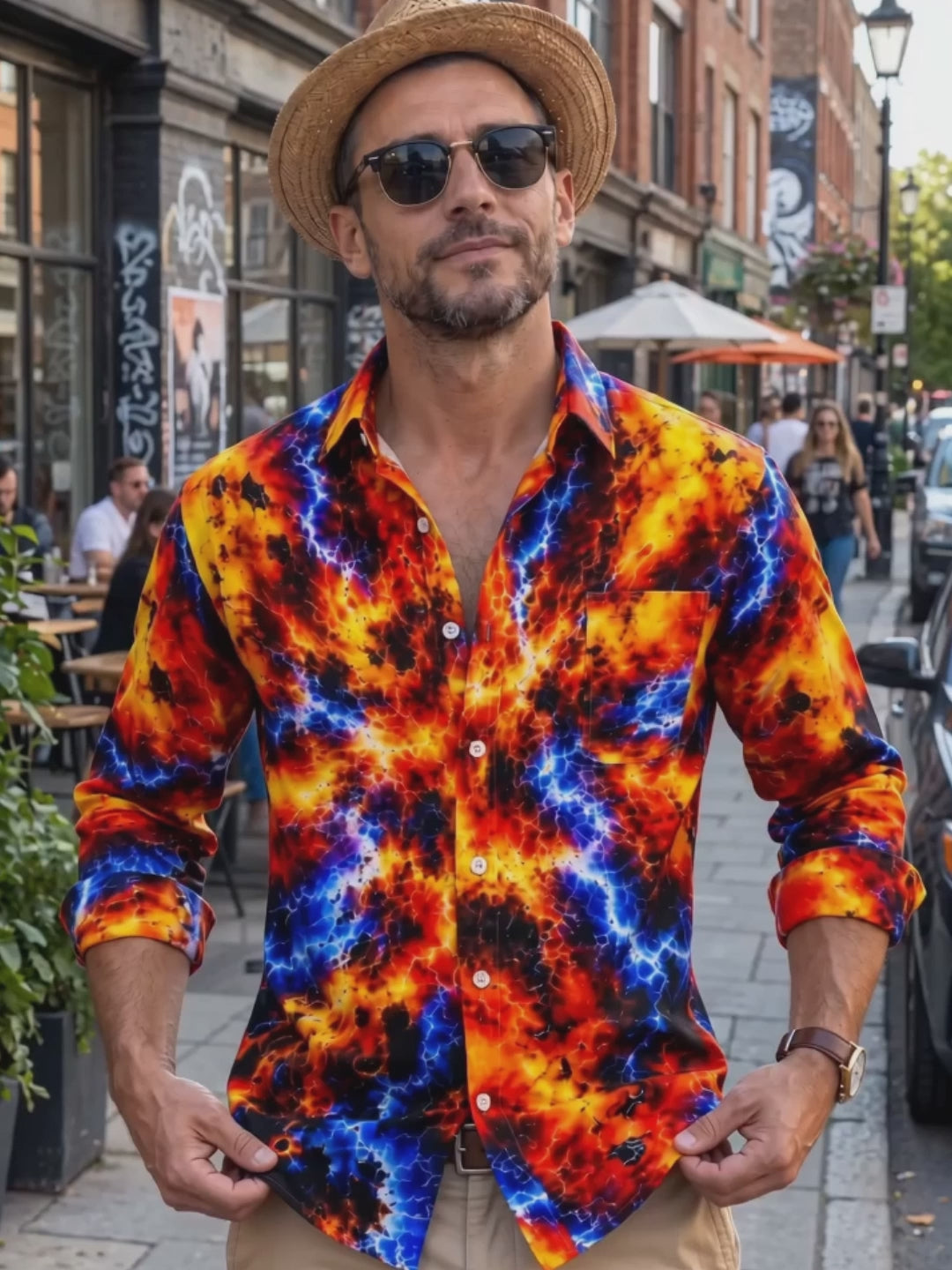 Adaychic Men's Tie Dye Abstract Lava And Lightning Pattern Long Sleeve Shirt with Chest Pocket