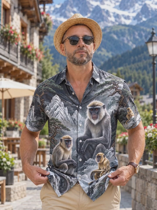 Adaychic Men's Hawaiian Monkeys In Mountain Landscape Print Short Sleeve Shirt with Chest Pocket
