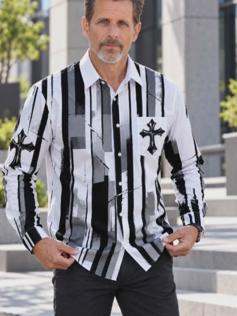 Adaychic Men's Long Sleeve Shirt - Black And White Striped Pattern With Cross Motifs with Chest Pocket