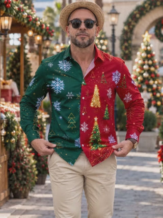 Adaychic Men's Printed Christmas Trees And Snowflakes Print Long Sleeve Shirt with Chest Pocket
