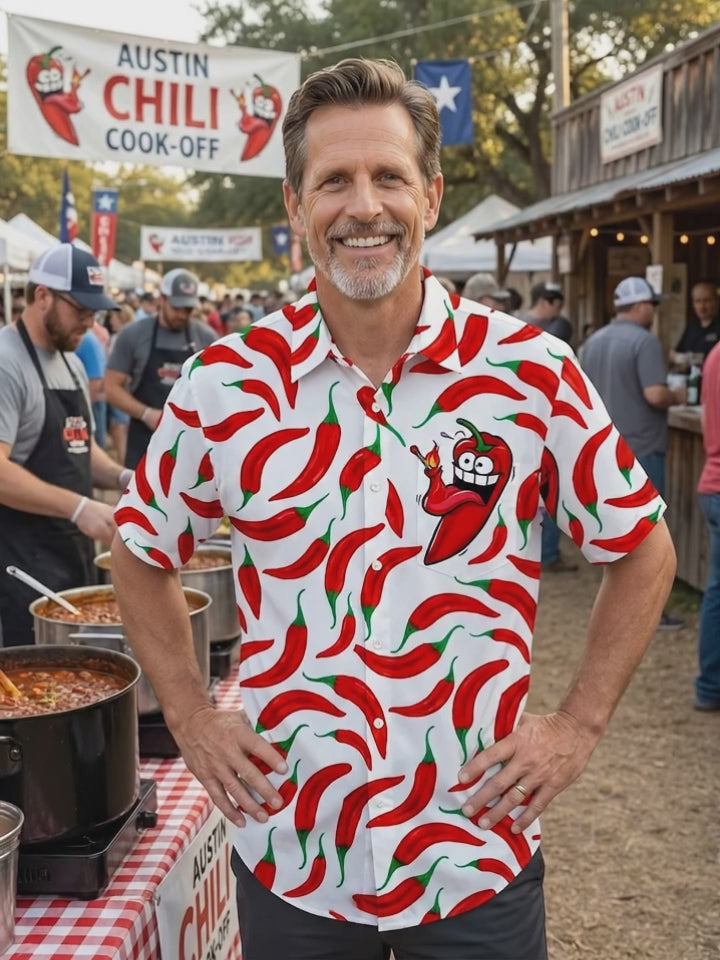 Cartoon Red Chili Fun FoodMen's Pocket Short Sleeve Shirts