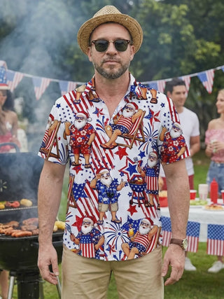 Independence Day American Flag Santa Claus Print Men's Pocket Short Sleeve Shirts