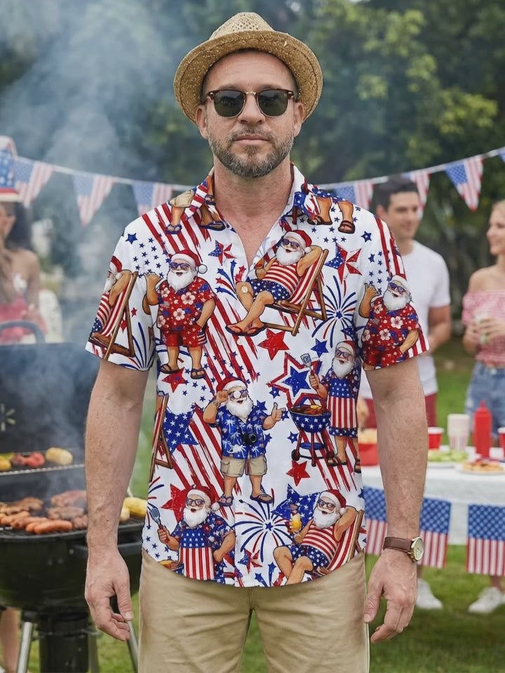 Independence Day American Flag Santa Claus Print Men's Pocket Short Sleeve Shirts