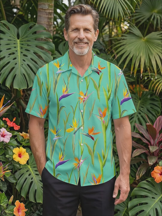 Hawaiian Tropical Bird Of Paradise Flower Men's Pocket Short Sleeve Shirts