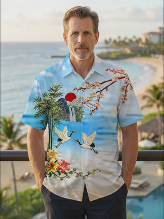 Art Crane Landscape Bamboo Leaf Flower Men's Pocket Short Sleeve Shirts