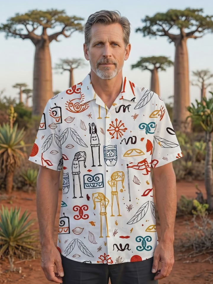 Fun Ethnic Totem Tribal Primitive Stick Figure Graffiti Beach Men's Pocket Short Sleeve Shirts