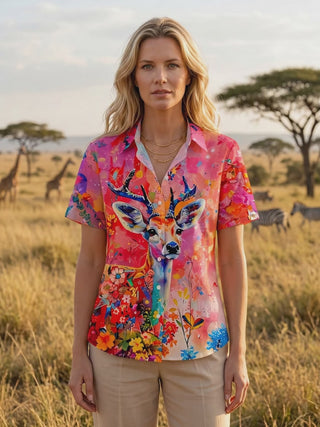 Watercolor Deer Floral Art Women's Short Sleeve Shirts