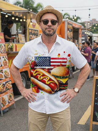 Independence Day American Flag Hot Dog Burger Print Men's Pocket Short Sleeve Shirts