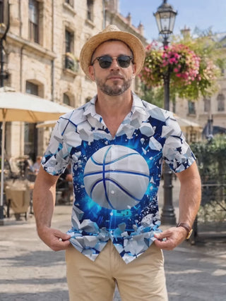 Adaychic Men's 3D Basketball Breaking Through Wall Print Short Sleeve Shirt with Chest Pocket